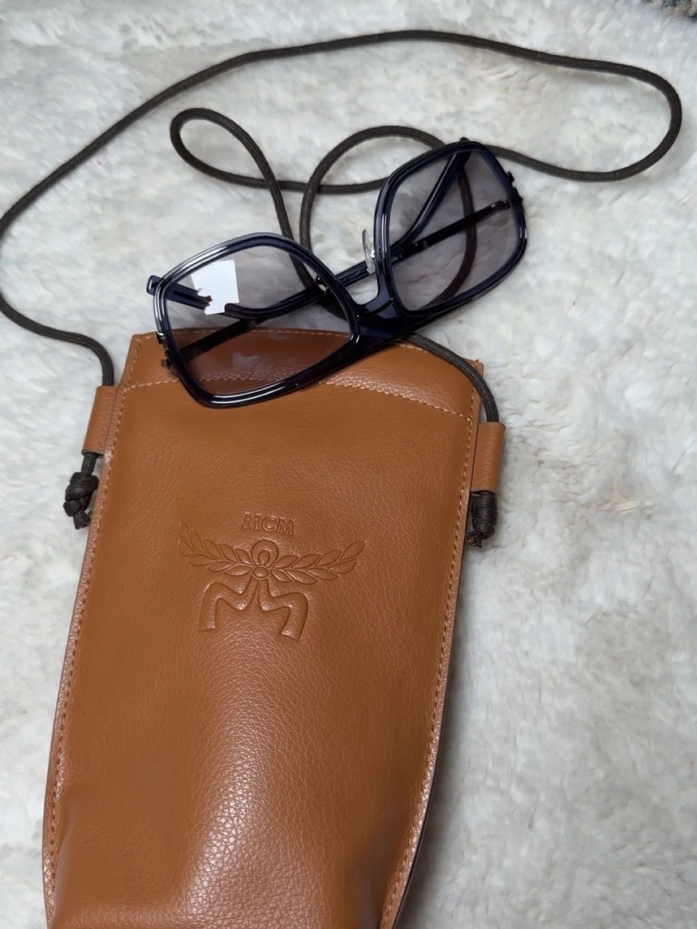MCM Brown Leather Sunglasses Case with Brown Microfiber Cloth & Black Sunglasses